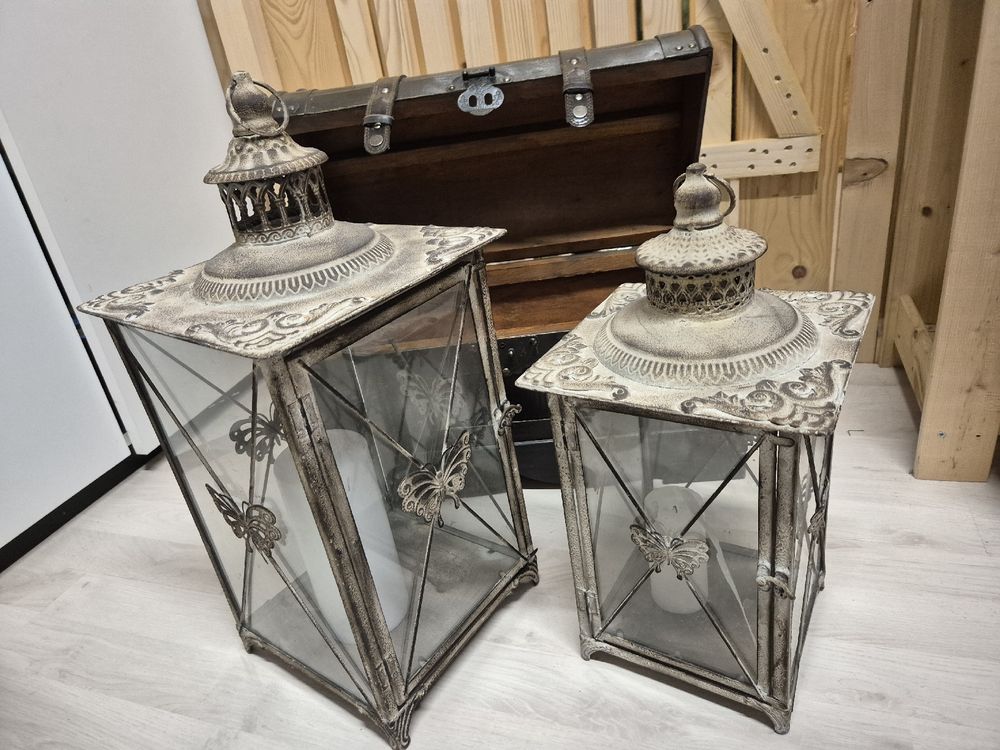 Set Mit 2 Vintage-Laternen – 38,1 Cm & 27,9 Cm, Metall, Rustikal, Für Garten, Veranda & Deko