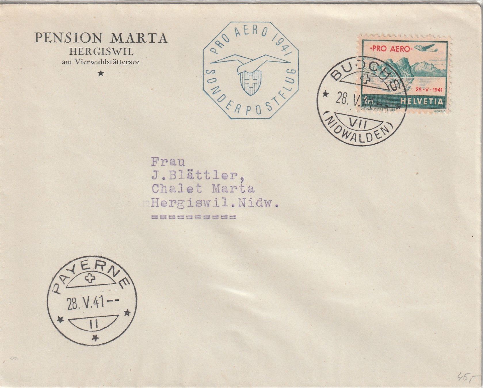 Tutti i francobolli: Flugpost Brief 1941-Buchs-Payerne – Usato da uttwil venduto da Koehlerfred