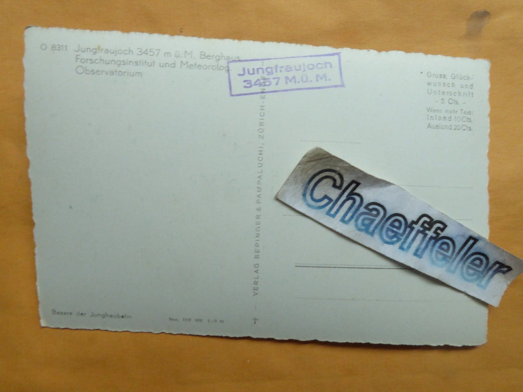 Cartoline postali: O 8311  Jungfraujoch, Berghaus – Usato da Zürich venduto da Chaeffeler 1