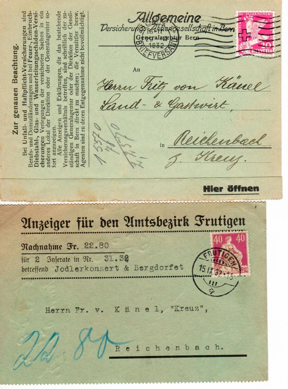 Tutti i francobolli: 4 Postkarten nach Reichenbach – Usato da Wolhusen venduto da Curver9 1