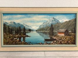 106 cm breitx 55.5 cm hoch Ölgemälde Bergsee mit Hütte