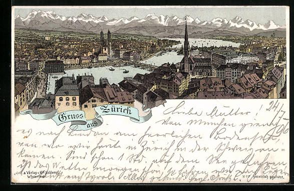 Ansichtskarten: Litho Zürich, Teilansicht mit Gebirgspa – Gebraucht aus Berlin von bartko-reher