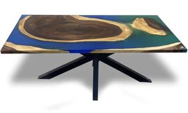 Flusstisch aus Suar-Holz und blaugrünem Harz 180 cm "Jade"