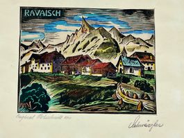 Ravaisch Samnaun Holzschnitt koloriert Aloi Konrad Schärzler