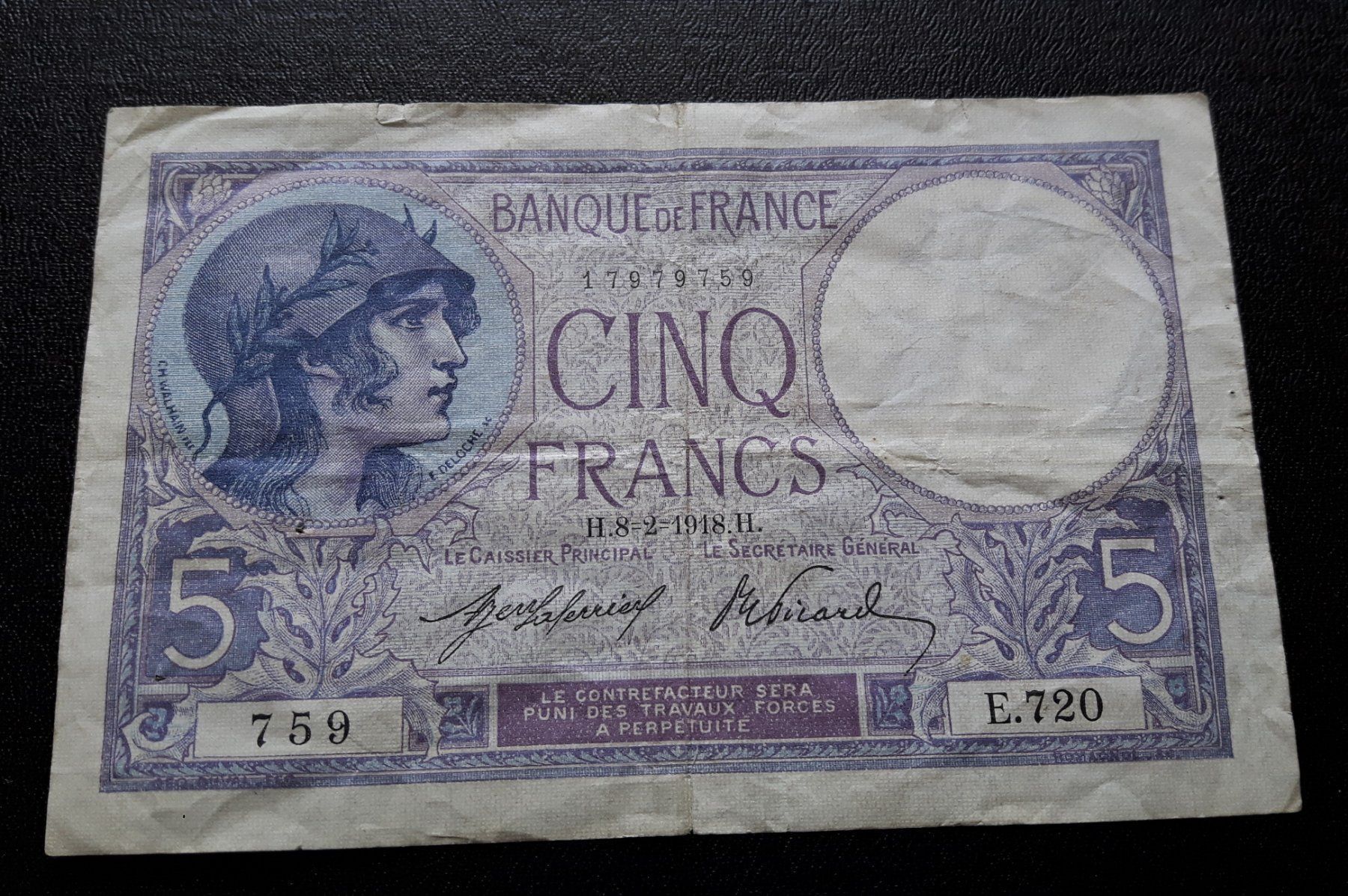 Banconote: 5 Francs FRANCE 1918 – Usato da Zürich venduto da brinkosos