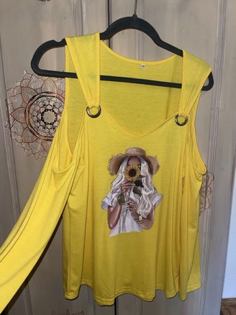 Sonniges Schulterfrei-Top mit Sonnenblumenprint — Grösse M