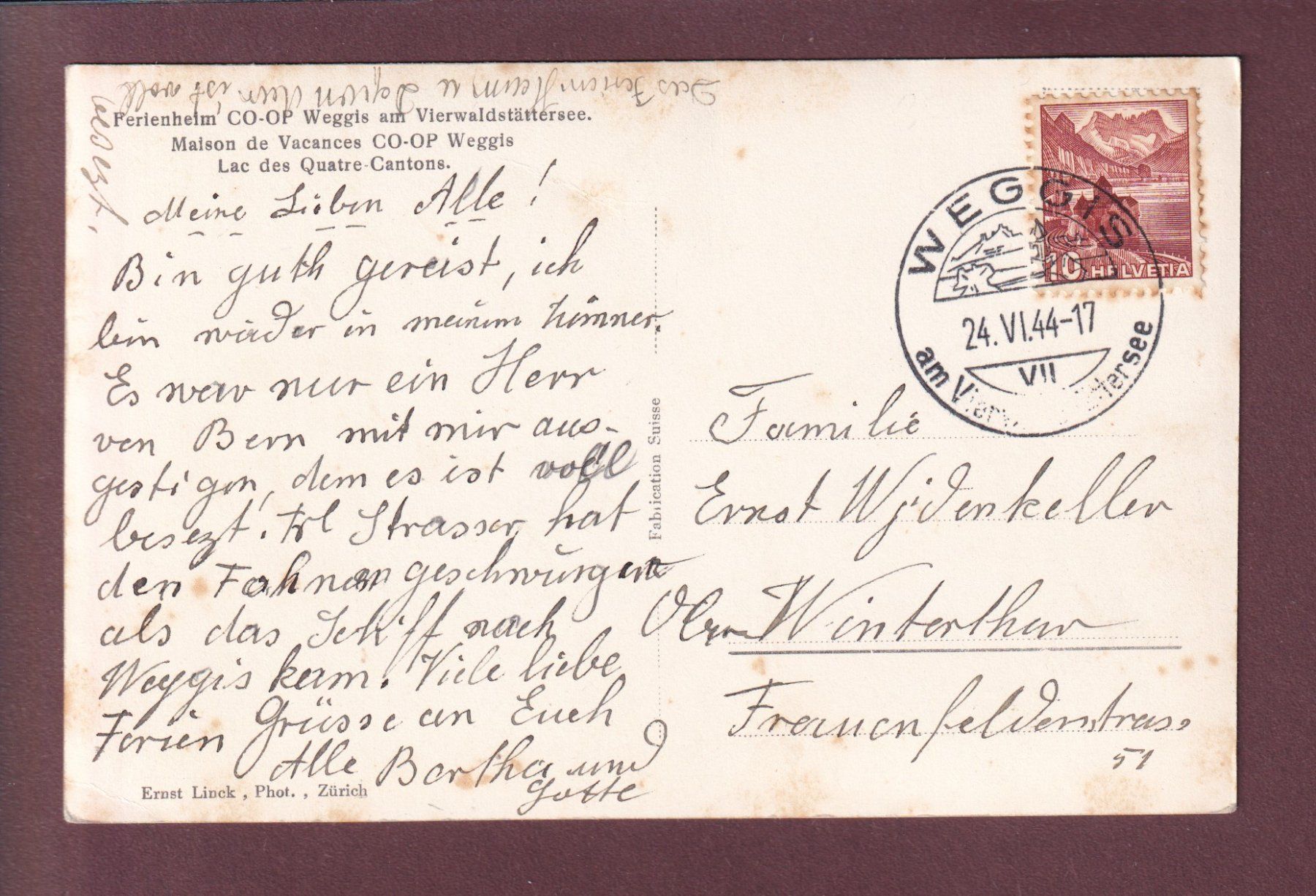 Cartoline postali: WEGGIS - Ferienheim CO-OP - 1944 // Eckbug // – Usato da Pully venduto da nicecards 1