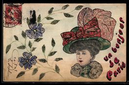 Portrait einer Dame mit Hut und Schleife