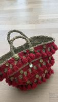 Sac artisanal paille tressée franges rouges neuf