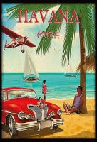 Blechschild-CUBA-HAVANNA URLAUB MIT AUTO UND FLUGZEUG
