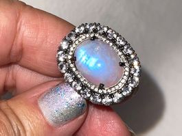 Rainbow Moonstone & White Zircon Black Rhodium SS925 Ring