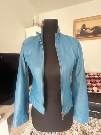 Damen Lederjacke blau Stehkragen Reissverschluss kurz