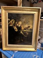 Scena olandese a lume di candela, olio firmato, cornice Impe