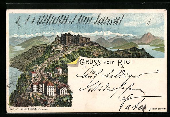 Cartoline postali: Litho Rigi, Panorama mit Bergbahn und Ge – Usato da Berlin venduto da bartko-reher
