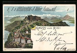 Litho Rigi, Panorama mit Bergbahn und Ge