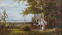 ANNELIESE LADAS – Familienidyll im Garten, Öl/Leinwand/Holz