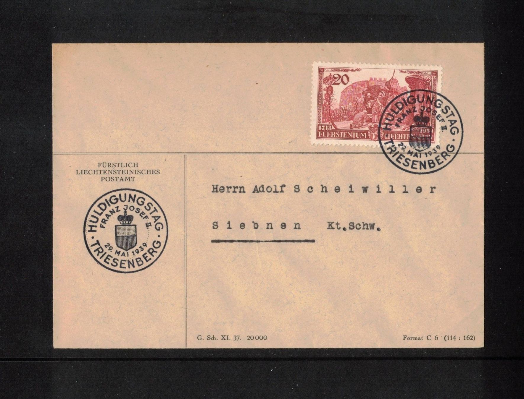 Tutti i francobolli: 1939 Huldigungsfeier Brief nach Siebnen – Usato da Rheinau venduto da loxis