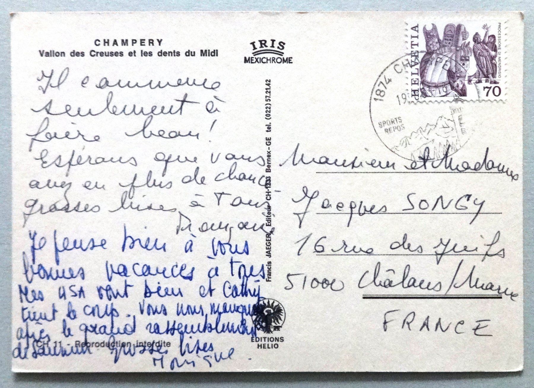 Cartoline postali: Champéry - Vallon des Creuses et Dent du Midi – Usato da Fétigny venduto da Billy2miny 1