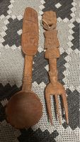 Dekorative Holz-Löffel und Gabel, Handgeschnitzt, vintage
