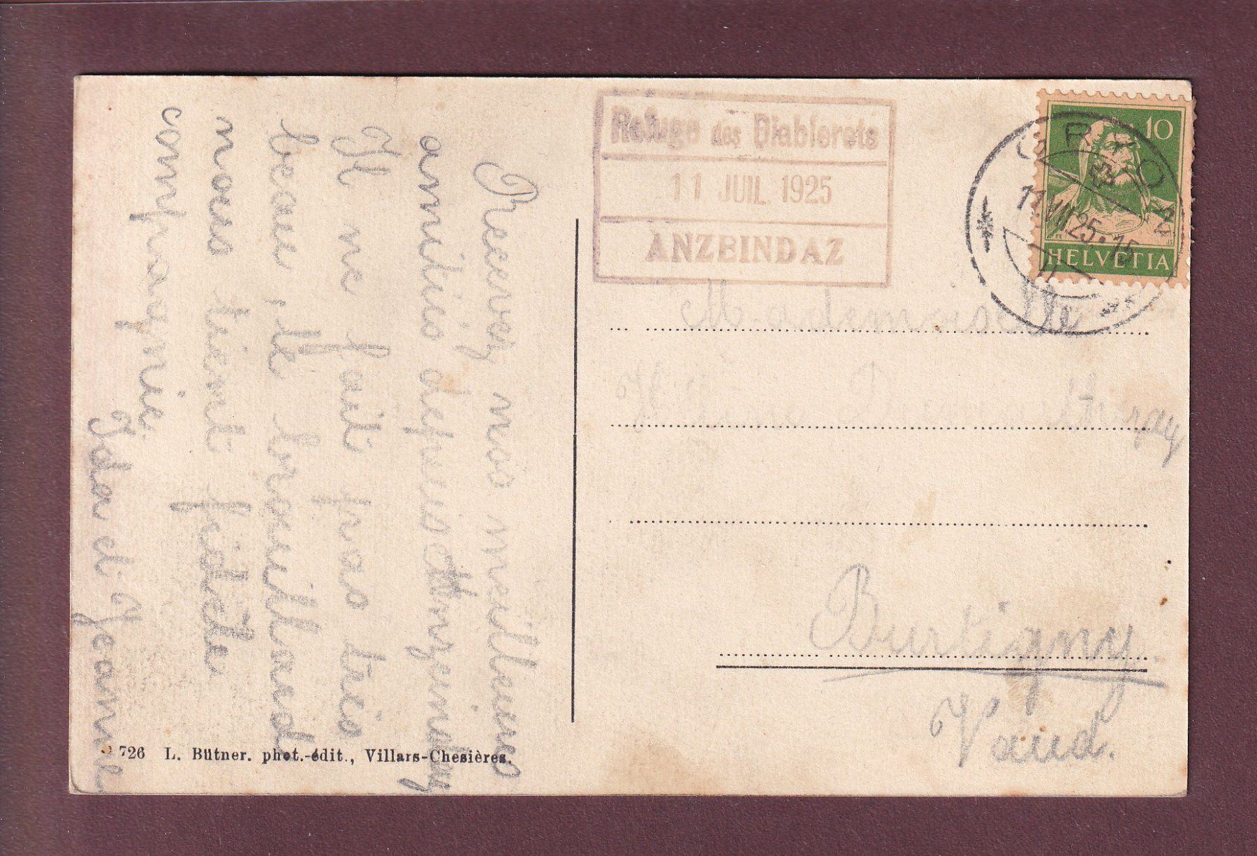 Cartoline postali: ANZEINDAZ - Refuge des Diablerets - 1925 – Usato da Pully venduto da nicecards 1