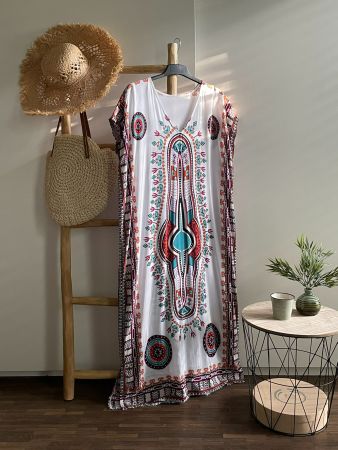 😎🏖️😎Robe caftan "Ibiza Style" blanc imprimé L-2XL, Neuf