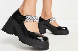 ASOS Schwarze Lack Plateau Mary Janes, Strass, Grösse 39