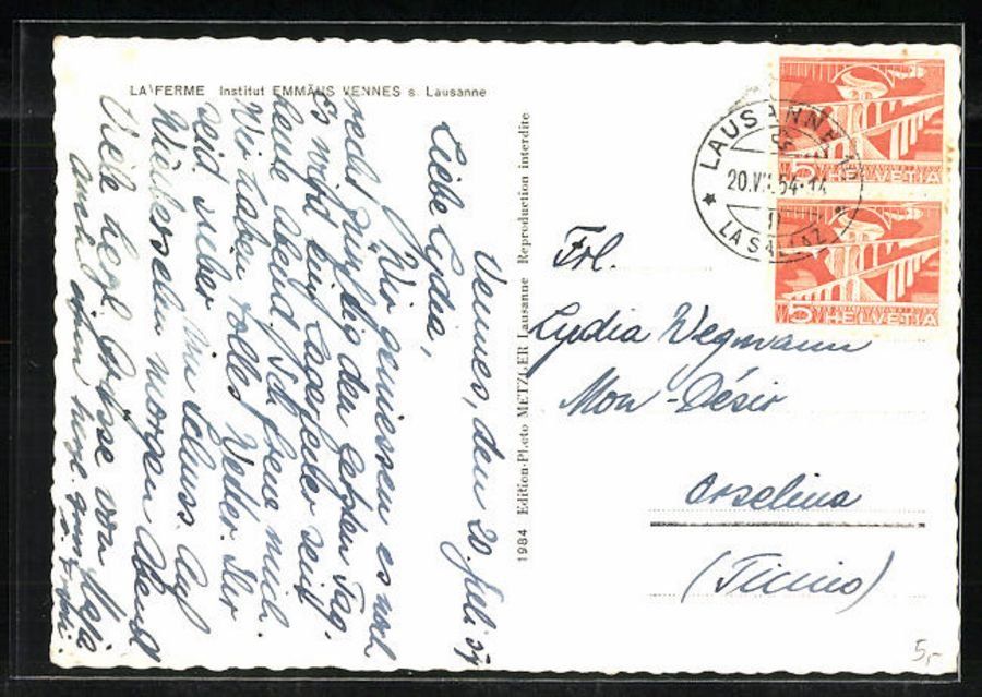 Ansichtskarten: Vennes-sur-Lausanne, Institut Emmäus, circulée 1954 – Gebraucht aus Frauenfeld von POML 1