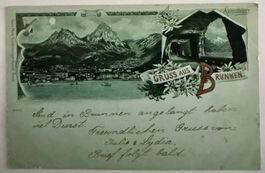 Brunnen - Litho Gruss aus Brunnen - Axenstrasse  1898