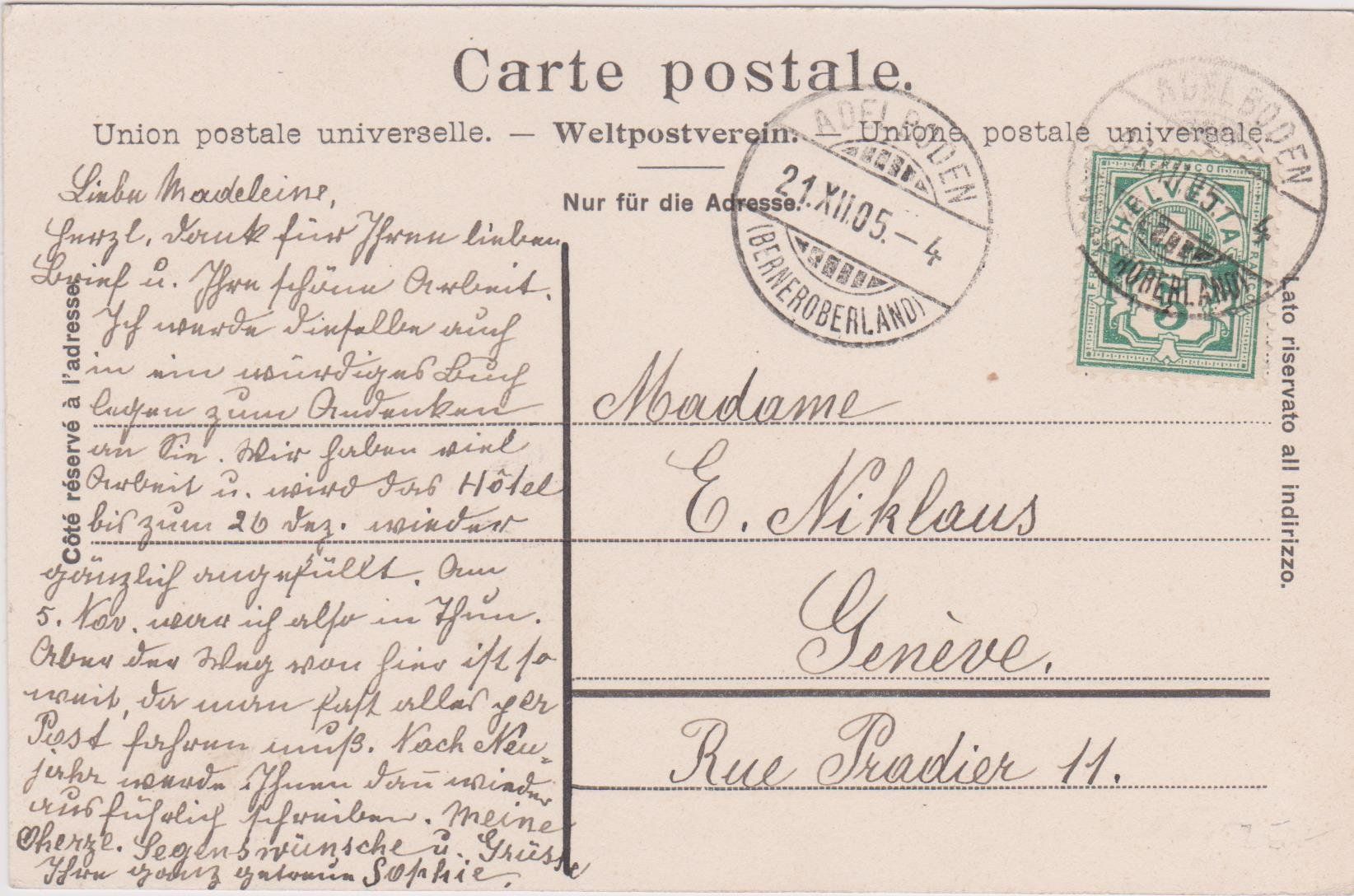 Ansichtskarten: Adelboden, 1905 – Gebraucht aus Spiez von Niesen20 1