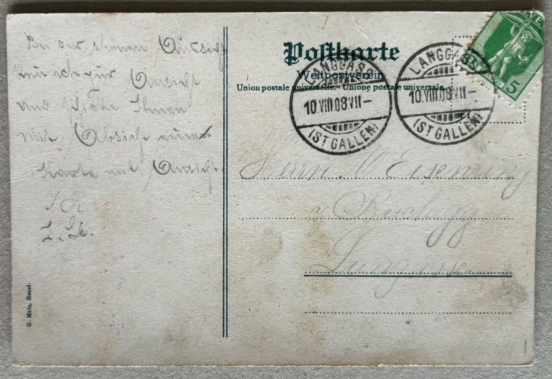 Cartoline postali: St. Gallen, Freudenberg, 1908, Enzian – Usato da Frauenfeld venduto da Merk52 1