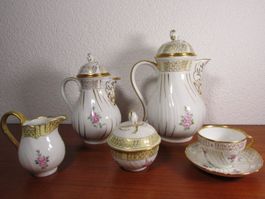 Antikes Hutschenreuther Kaffeeservice Goldrand, Rosendécor