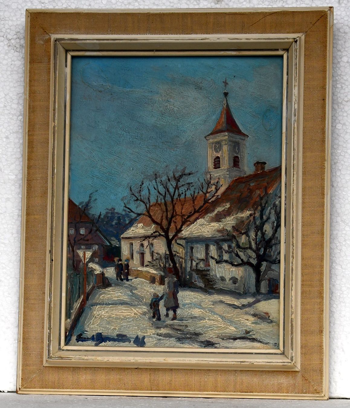 Dipinti: Ölgemälde Winterlandschaft mit Kirche datiert 1946 – Usato da Rotkreuz venduto da salsanera