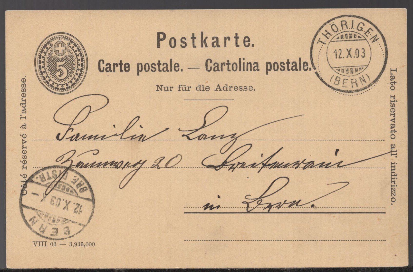 Tutti i francobolli: PK 1903 THÖRIGEN nach BERN – Usato da Aarau venduto da kufi44