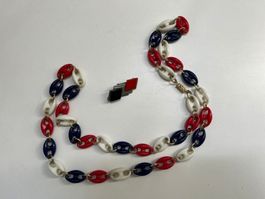 Schmuck-Set Vintage: Kette lang, Brosche Blau Rot Weiss 80er