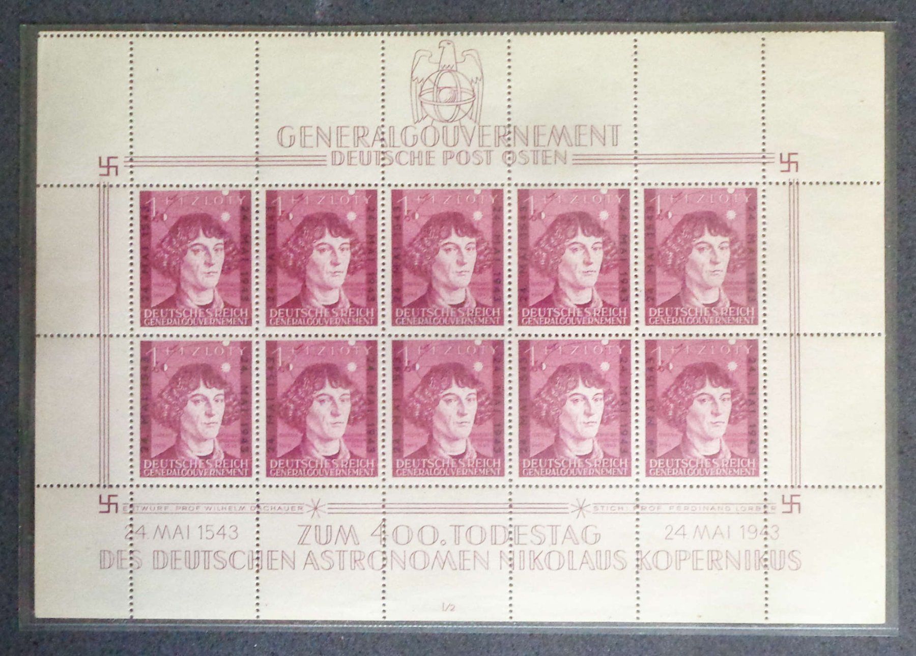 Alle Briefmarken: GENERALGOUVERNEMENT 1943: Kopernikus, Kleinbogen ** – Neu (gemäss Beschreibung) aus Le Locle von timbrettino