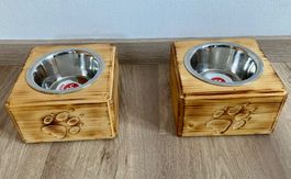 2x Hundenapf Edelstahl Holz rustikal Pfotenabdruck 2x400 ml