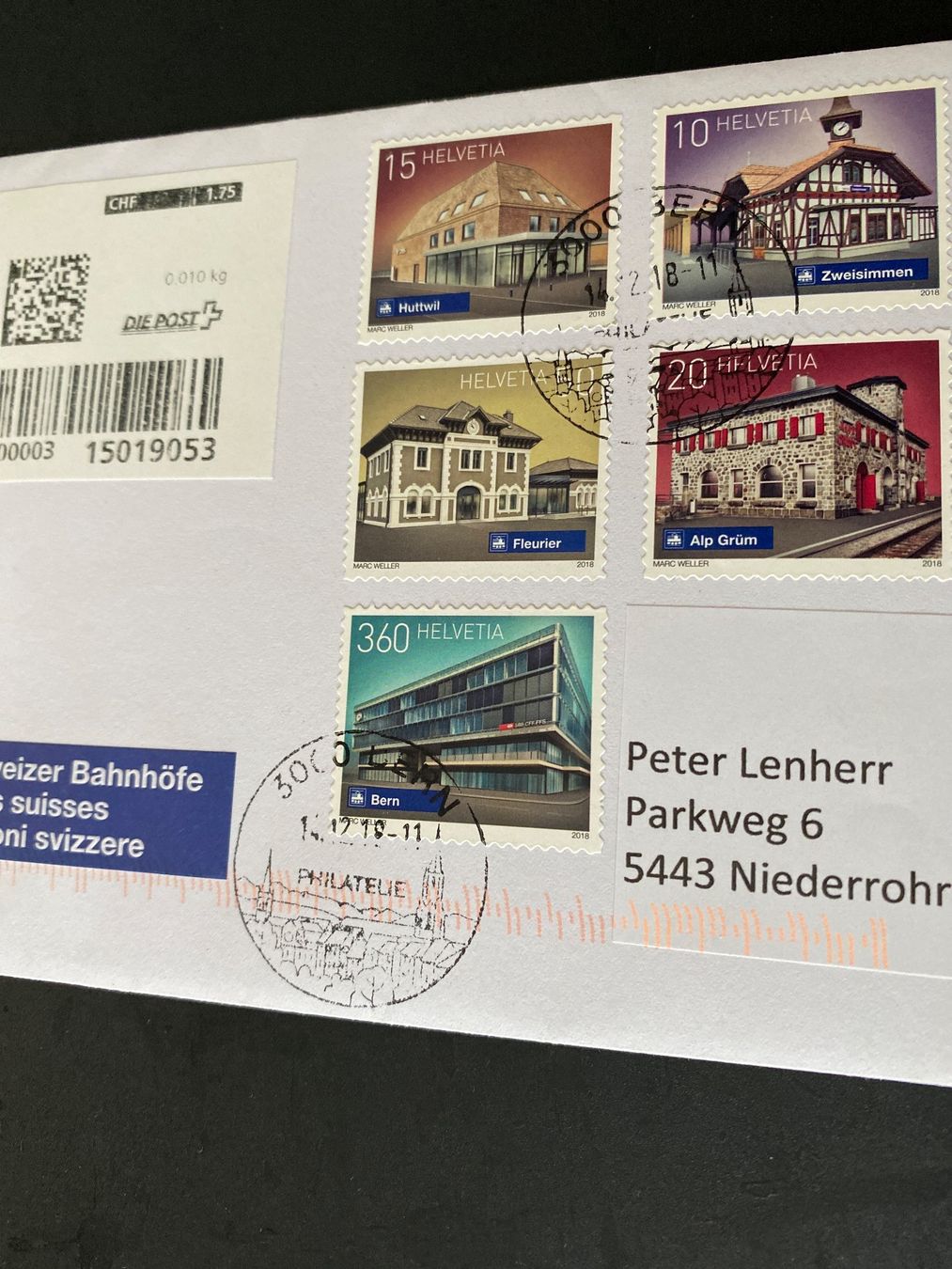 Tutti i francobolli: Schweizer Bahnhöfe 2018 Fleurier ZN 1690 + B35 ab Fleurier – Usato da Niederrohrdorf venduto da leni29 1