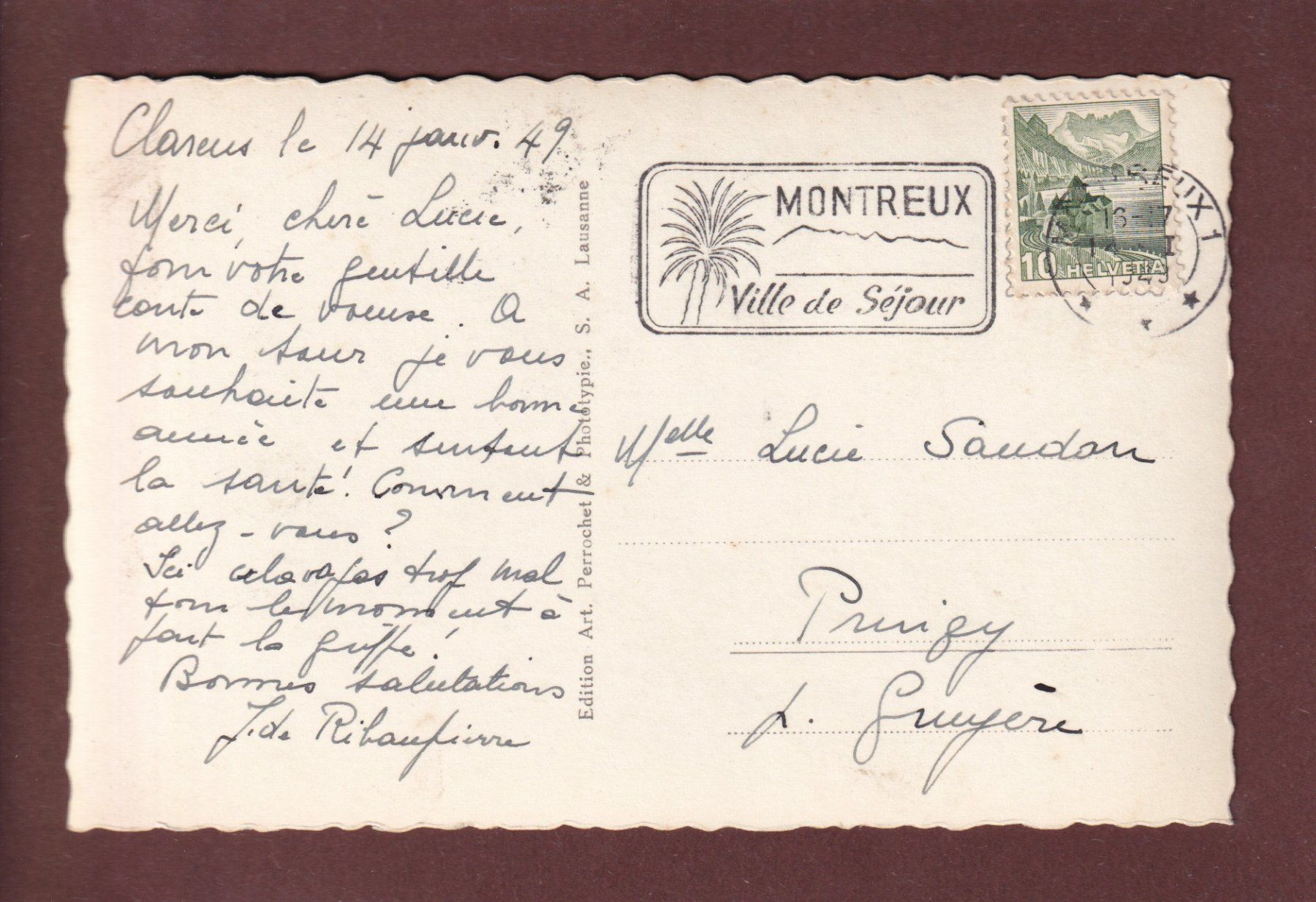 Cartoline postali: CLARENS - L'Eglise - 1949 – Usato da Pully venduto da nicecards-shop 1