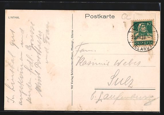 Cartoline postali: AK Linthal, Teilansicht mit Bergen, 1928 – Usato da Berlin venduto da bartko-reher 1