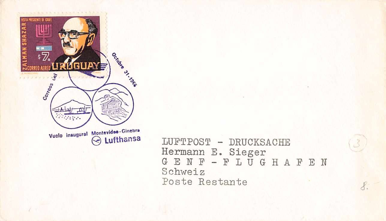 Alle Briefmarken: TOP Flugbrief: 1. Flug MONTEVIDEO - GENF, RF66.22b SIEGER – Gebraucht aus Lufingen von Rac0