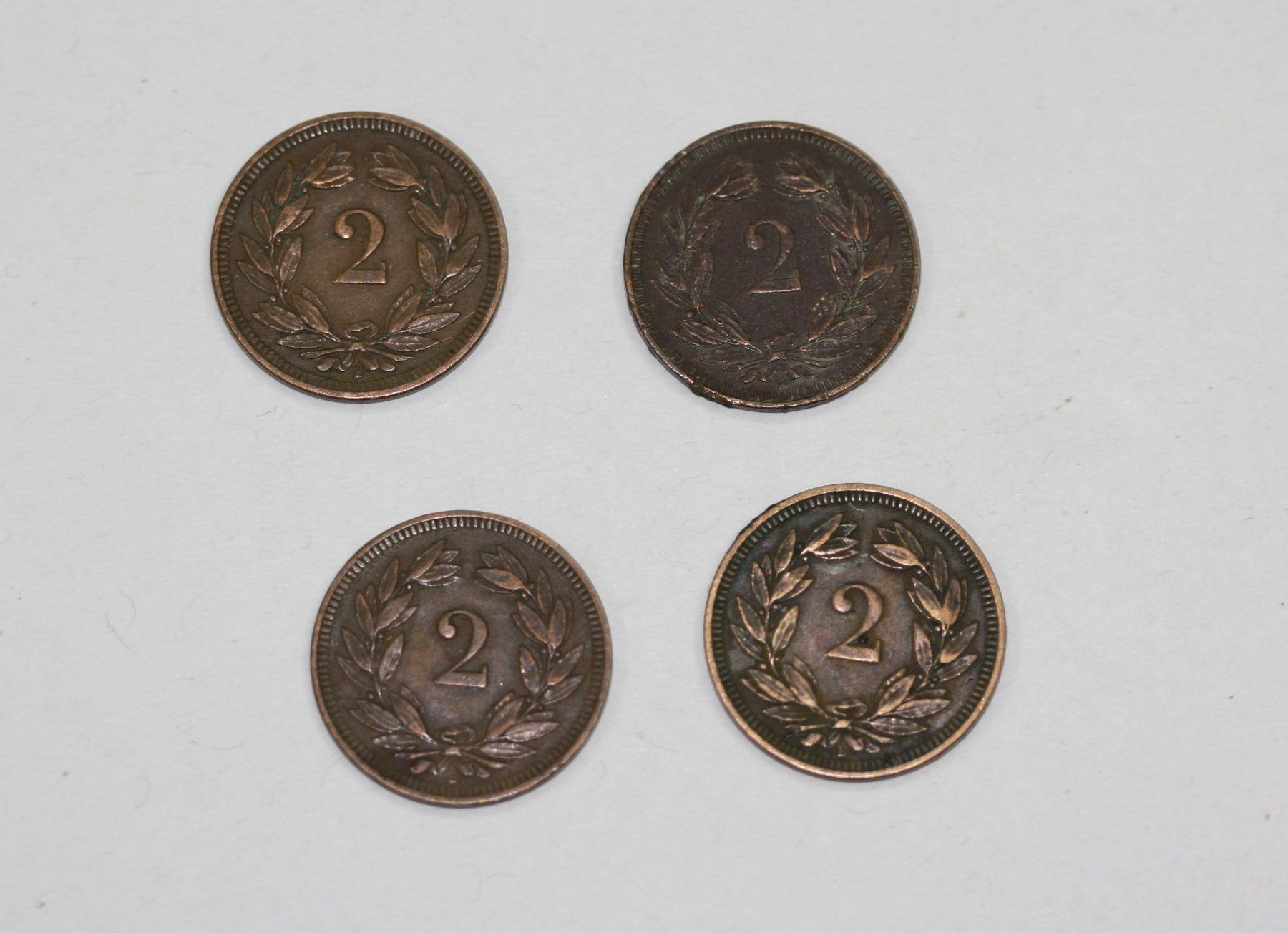 Alle Münzen: 4 x 2 Rappen 1893 – Gebraucht aus Chur von Invinoveritas