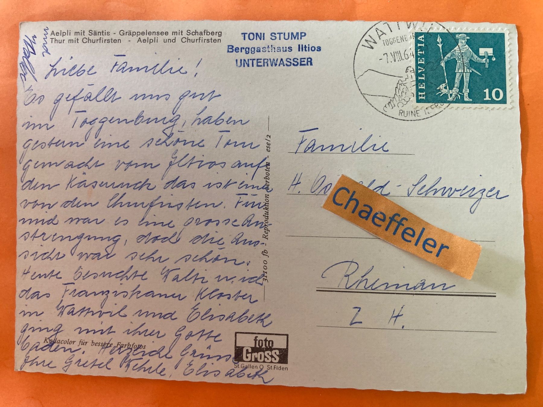 Cartes postales: 1964 Gruss vom Obertoggenburg. – D'occasion à Zürich par Chaeffeler 1