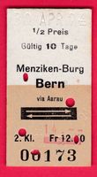 SBB KARTON BILLETT, MENZIKEN-BURG - BERN, 2.KLASSE, HALBTAX,