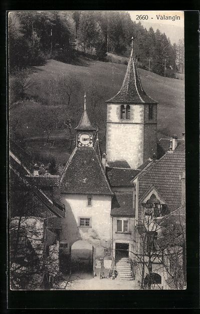 Cartoline postali: AK Valangin, Ortspartie mit Tor, 1937 – Usato da Berlin venduto da bartko-reher