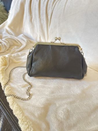Black Leather Clutch Bag with Metal Chain Strap
