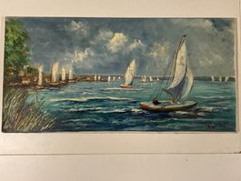Landschaftsgemälde signiert mit Segelbooten, Hafen auf See
