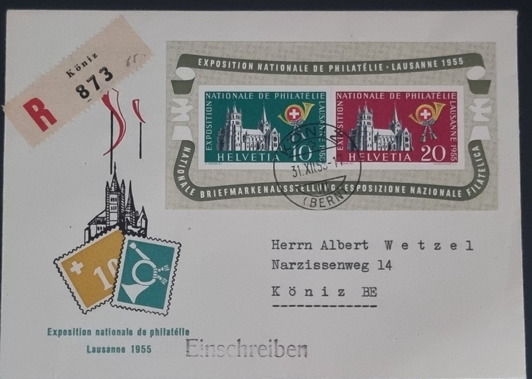 Alle Briefmarken: 1955 : Illustrierter Brief mit Block W35 – Gebraucht aus Gümligen von Geniusbuy