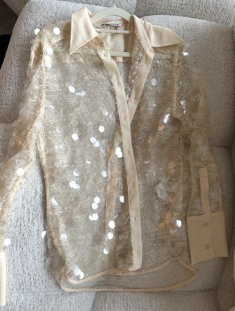 Zara Shirt Lace Sequin Embellished Beige Shirt