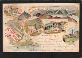 Lithographie: Vitznau Rigi Bahn ,Gruss vom Rigi, gel.1898