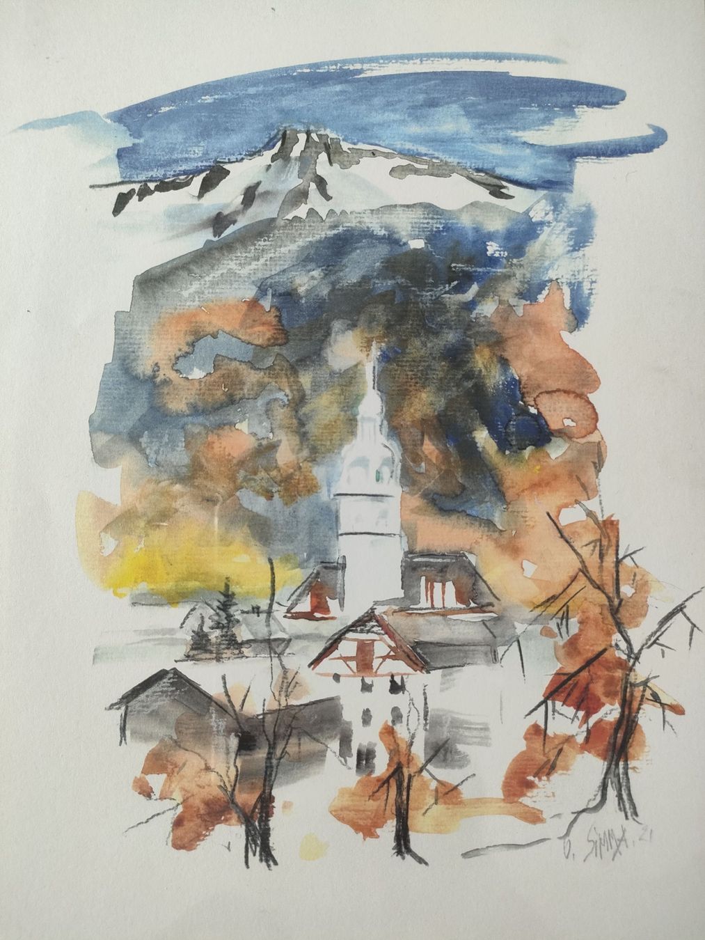 Dipinti: Winterliches Aquarell: Schweizer Dorf mit Bergpanorama – Usato da Weiningen TG venduto da NumisBila